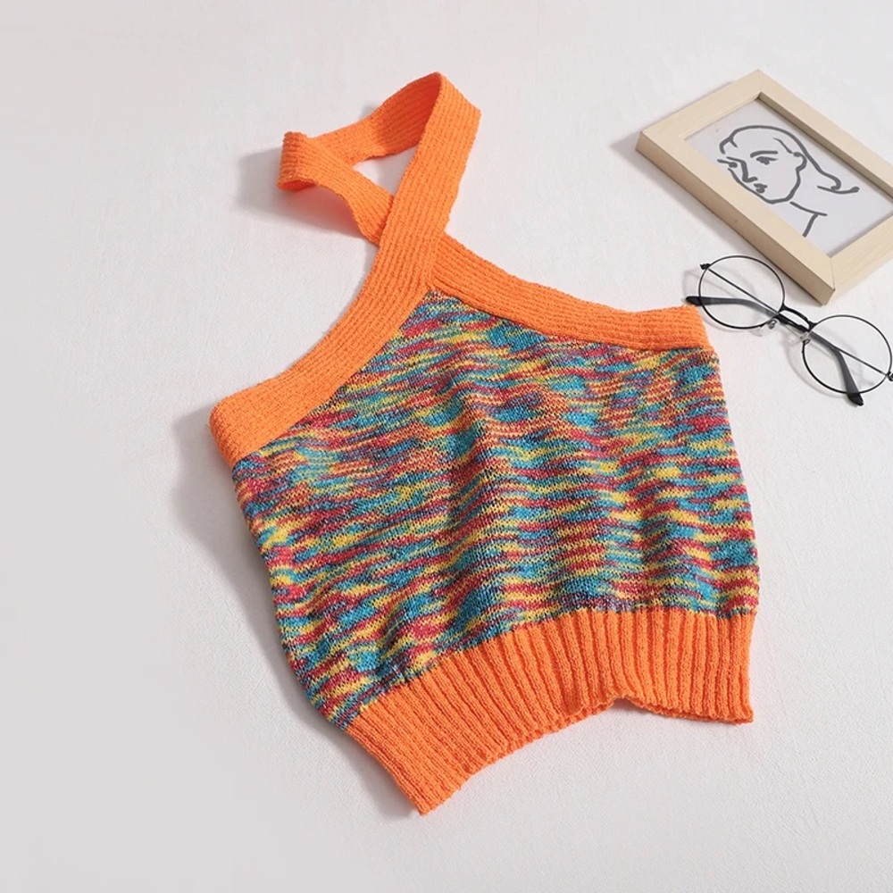 Knitted Criss Cross Halter Top Orange Rainbow Y2k Sexy Knits